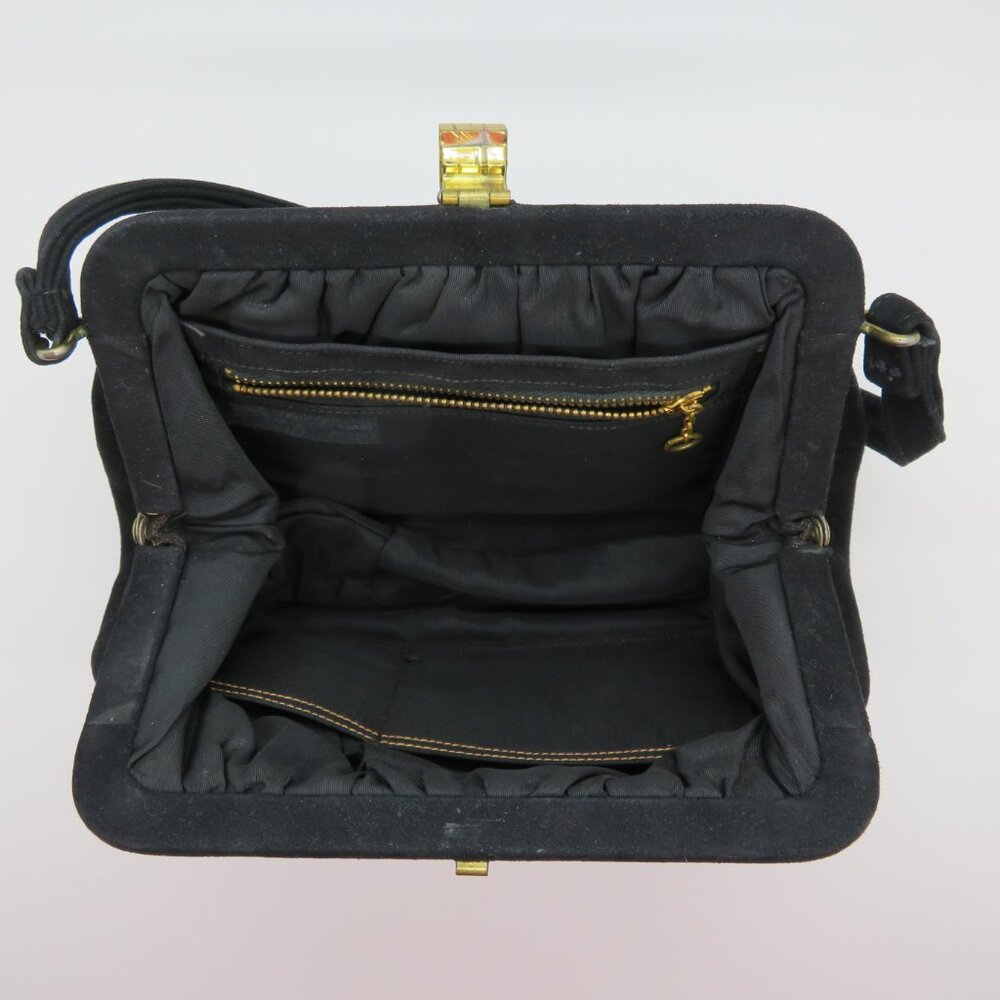 Vintage Black Suede Evening Bag Top Handle Purse Gold Clasp - Picture 10 of 12